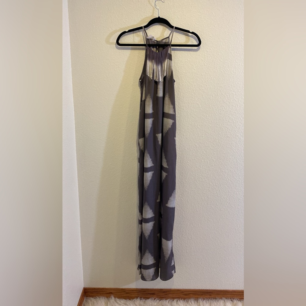 BCBGeneration Women's Grey Combo Printed Fringe Neckline Maxi Dress